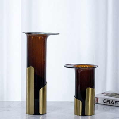 Golden Metal Reddish Brown Round Edge Glass Vases Set of 6
